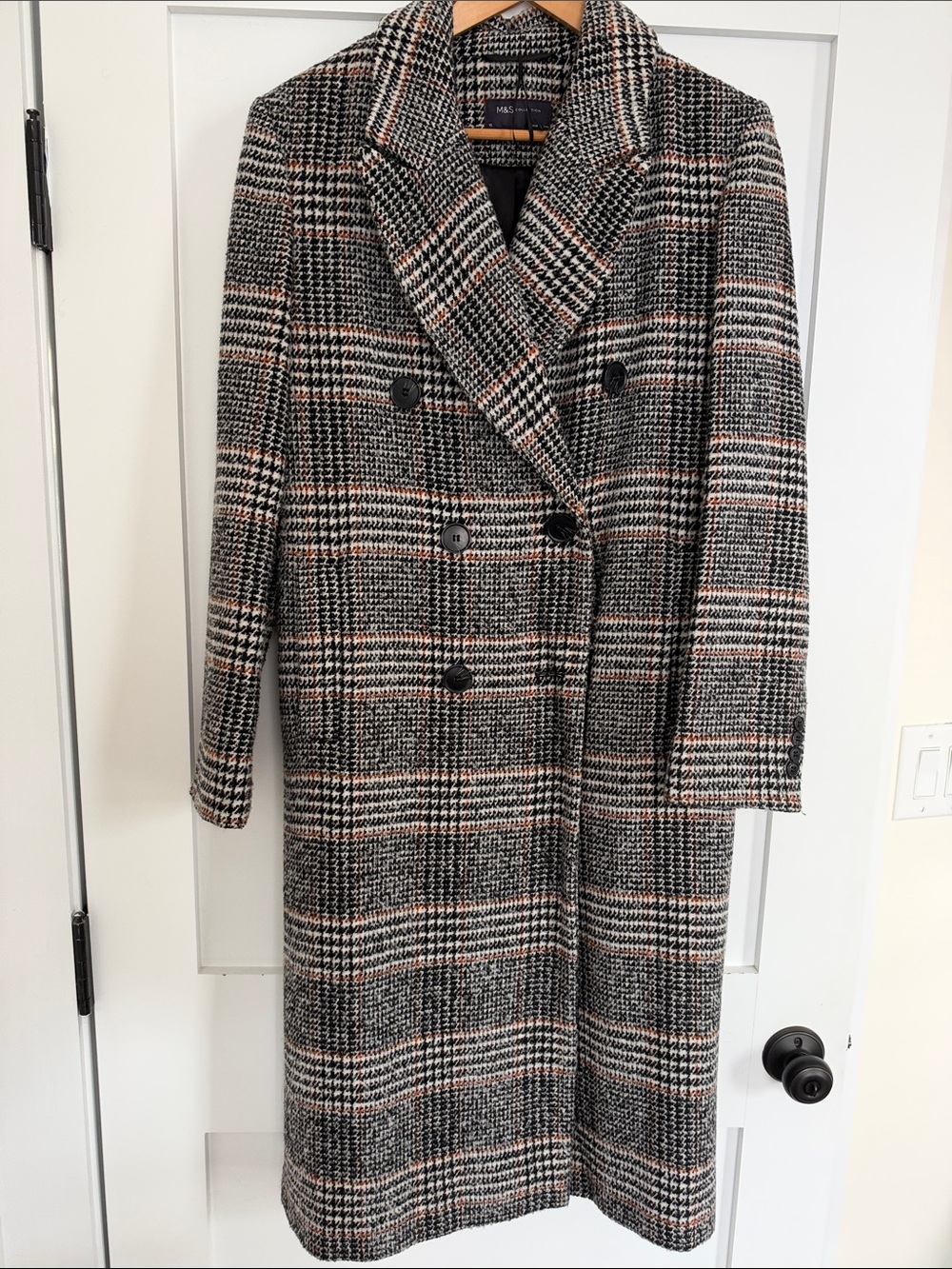 M&S Double-Breasted Coat in Black, Cream & Brown